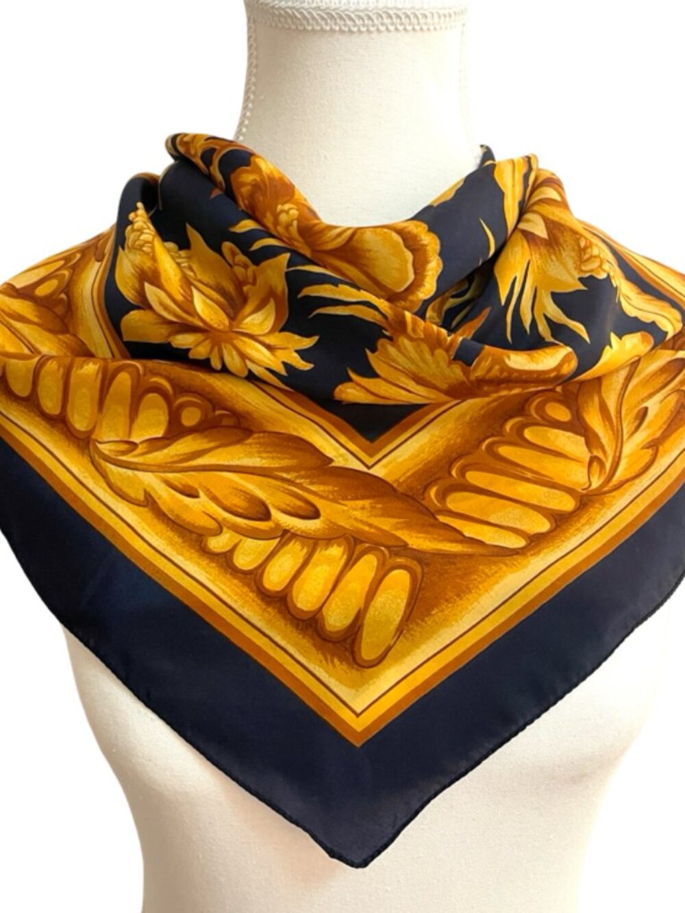 Vintage Italian Floral Silk Scarf Navy Gold 100% Silk 33 x 33